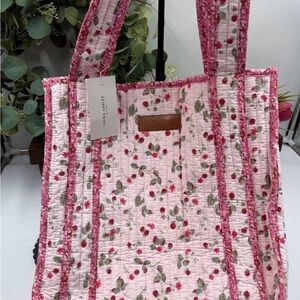 Laura Ashley Strawberry Floral Quilted Tote Pink Cottagecore Market Bag NWT